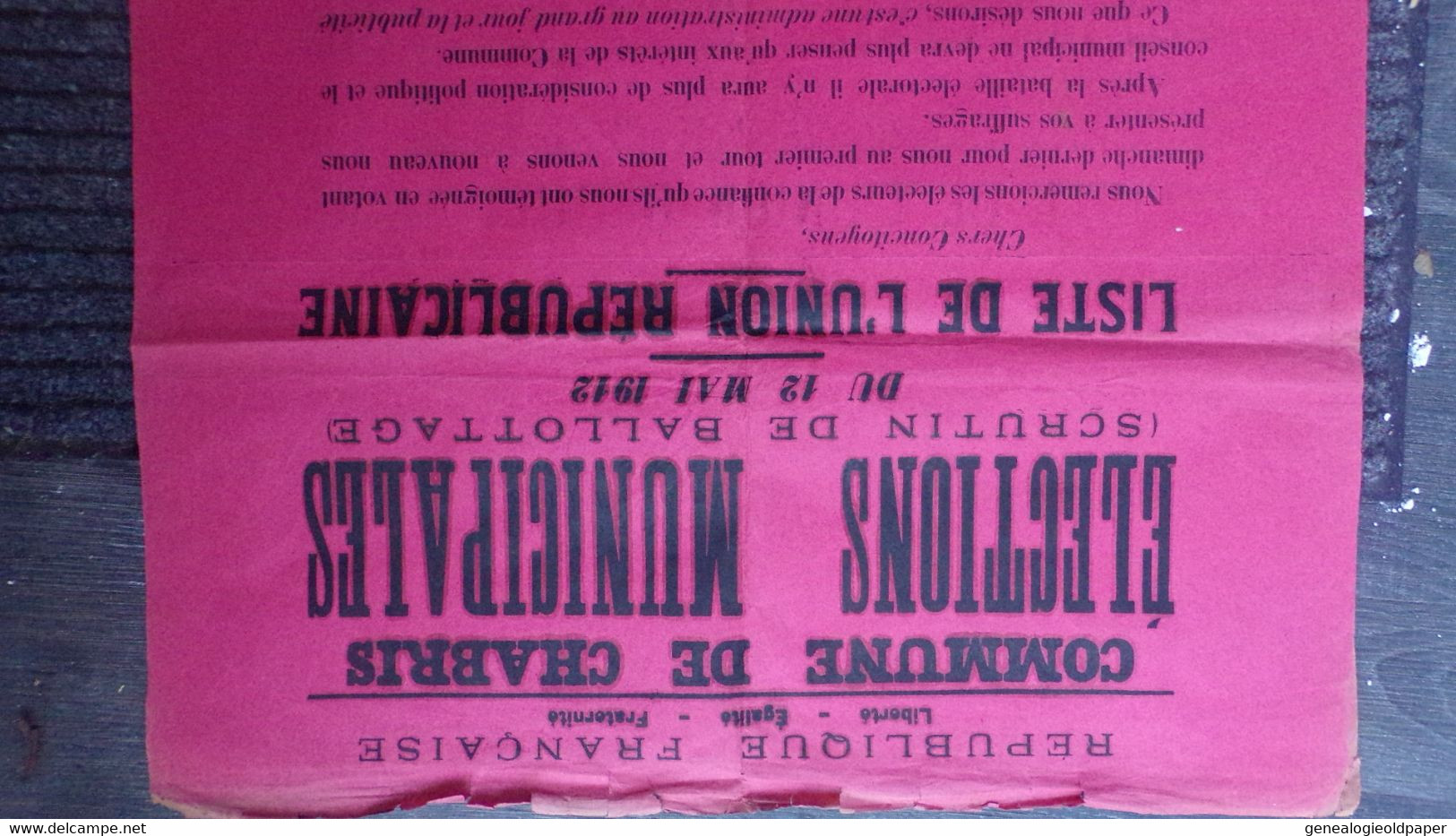 36-CHABRIS-RARE AFFICHE ELECTIONS MUNICIPALES 12 MAI 1912- LISTE UNION REPUBLICAINE-GERMAIN PINON-POPLIN BONETAT-SARDON - Posters