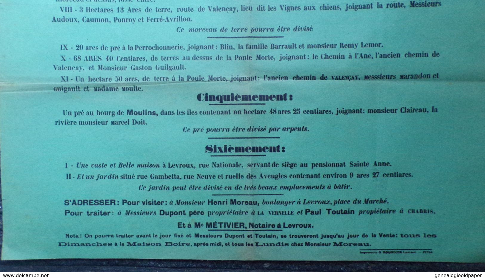 36-LEVROUX-RARE AFFICHE A VENDRE 1905-DOMAINE MAISON BOIRE-GUERINEAU-PERREAU CHARBONNIER-PERROCHONNERIE- TOUTAIN - Affiches