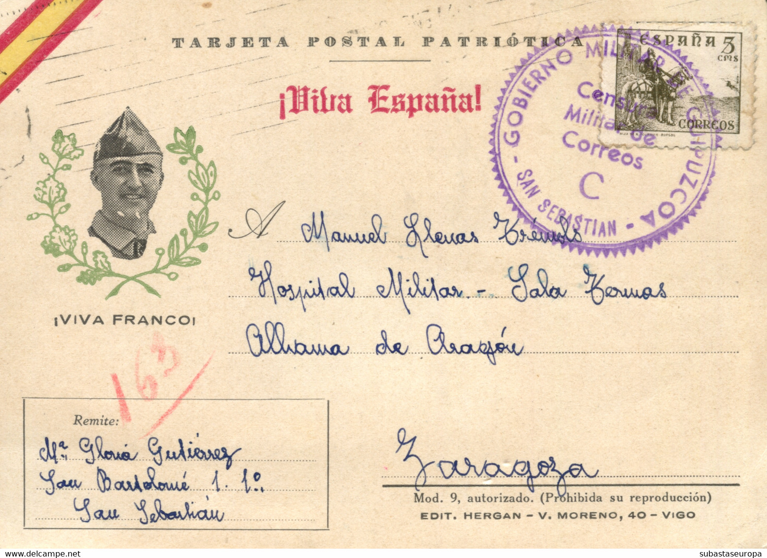 Tarjeta Patriótica Circulada De San Sebastián A Alhama De Aragón (Zaragoza), Al Hospitalar Militar. El 25/1/39. Muy Boni - Nationalists Censor Marks