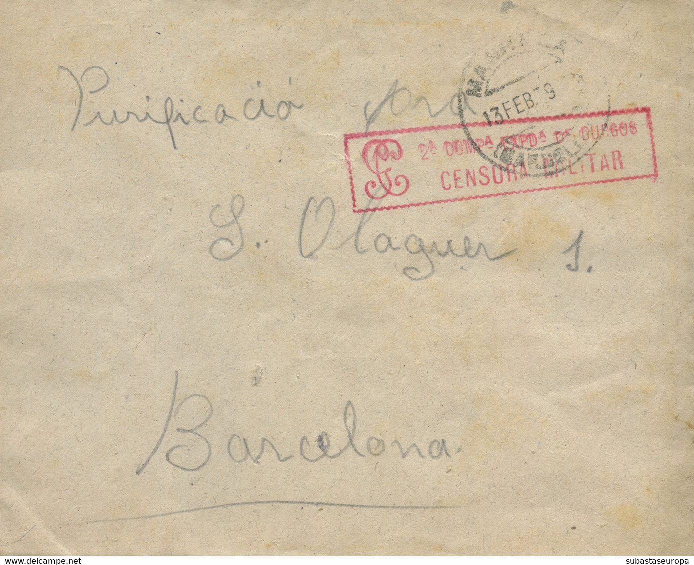 Carta Circulada De Manresa A Barcelona, El 13/2/39. Marca De Censura "2ª Cía Ex. De Burgos" En Rojo. Rara. - Nationalists Censor Marks