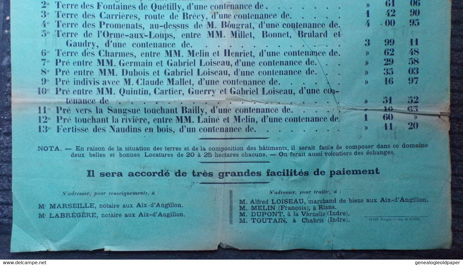 18-AIX ANGILLON-RARE AFFICHE VENDRE DOMAINE DU JARRUAS-1907-GODON AUBERGISTE RIANS-LOISEAU-DUPONT LA VERNELLE-CHABRIS - Affiches