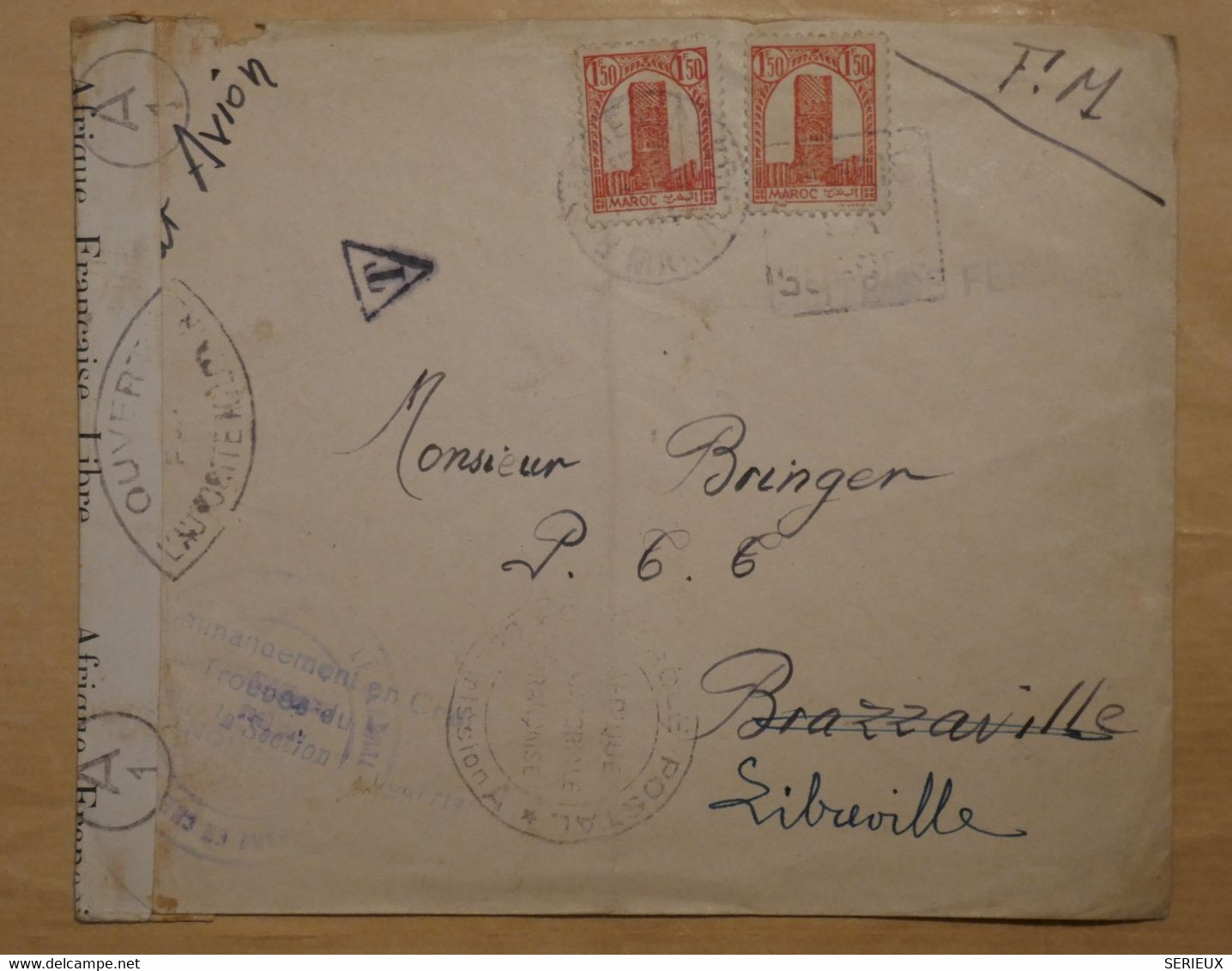 AK6 MAROC  BELLE LETTRE  FM CENSUREE RARE  1945  POUR  BRAZZAVILLE CONGO REDISTRIB. LIBREVILLE ++++AFFR. INTERESSA NT - Briefe U. Dokumente