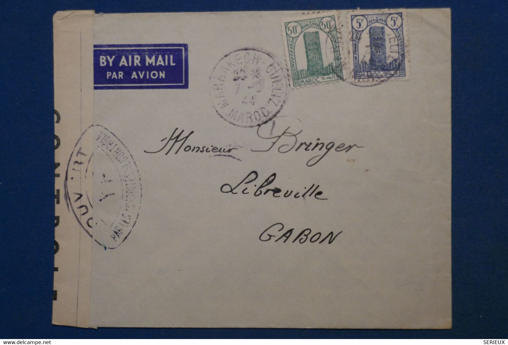 AK6 MAROC  BELLE LETTRE  CENSUREE   1944 MARRAKESH POUR   LIBREVILLE GABON  ++AEROPHILATELIE++AFFR. INTERESSA NT - Brieven En Documenten