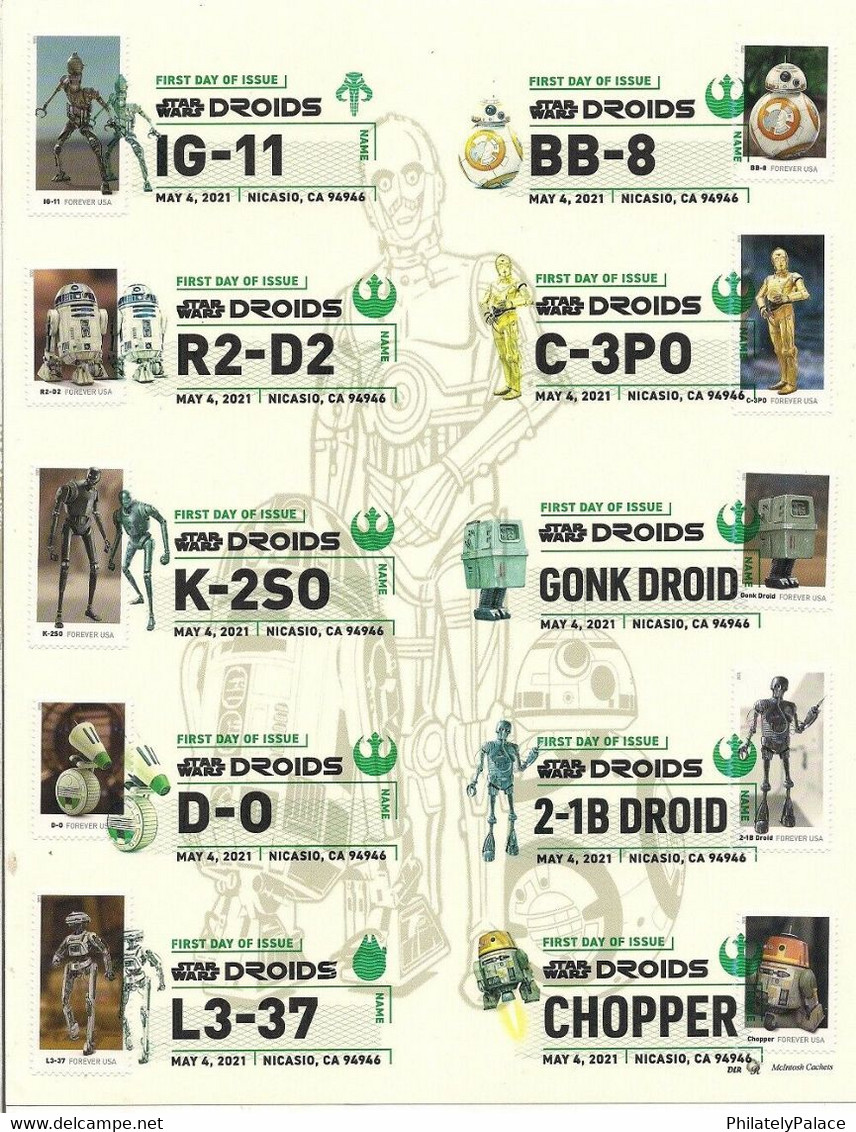 USA 2021 Star Wars Droids- All 10 Stamps & 10 DCP's- FDC- McIntosh Cachets  (**) - Storia Postale
