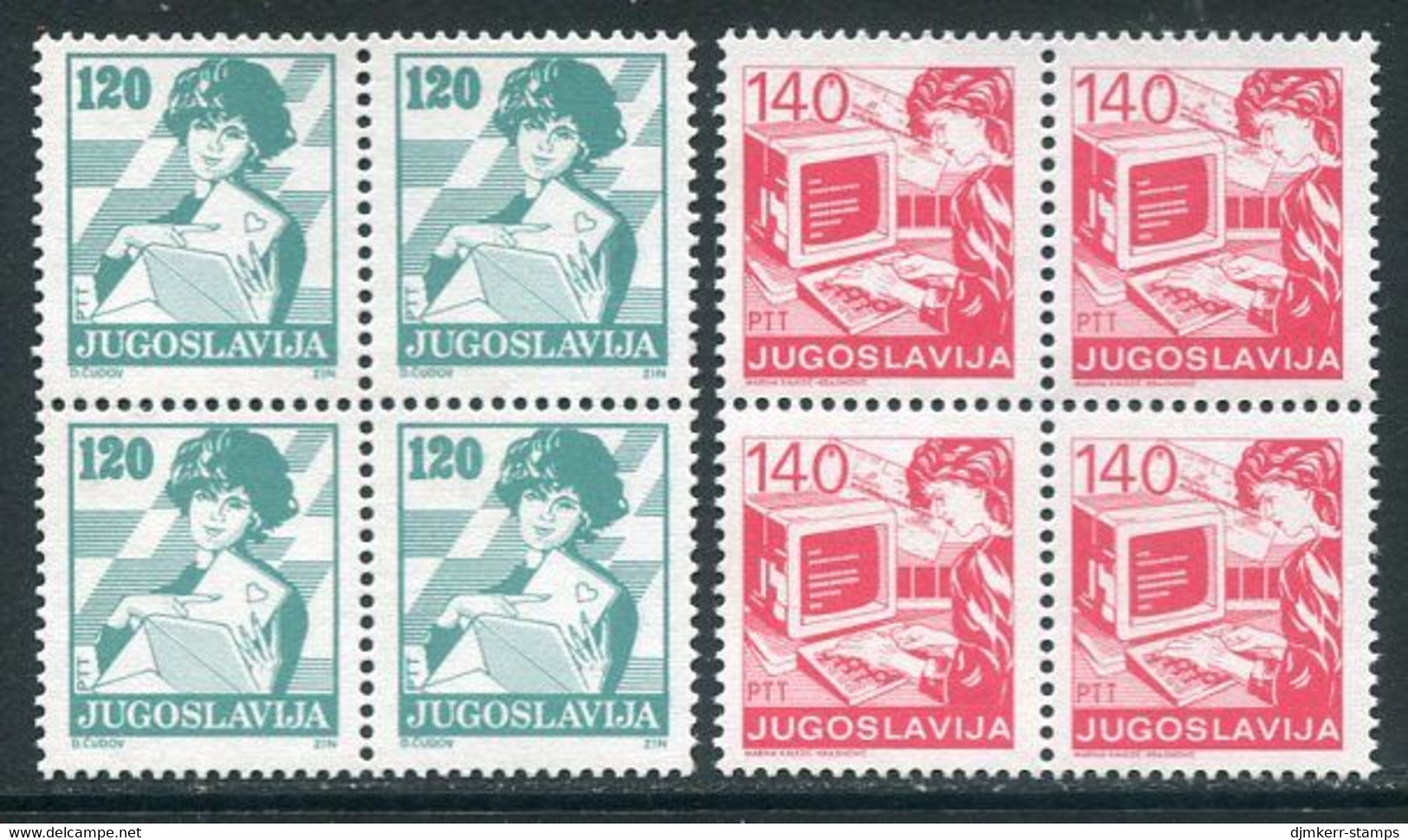 YUGOSLAVIA 1988 Postal Services Definitive 120, 140D. Blocks Of 4 MNH / **.  Michel 2288-89 - Ungebraucht