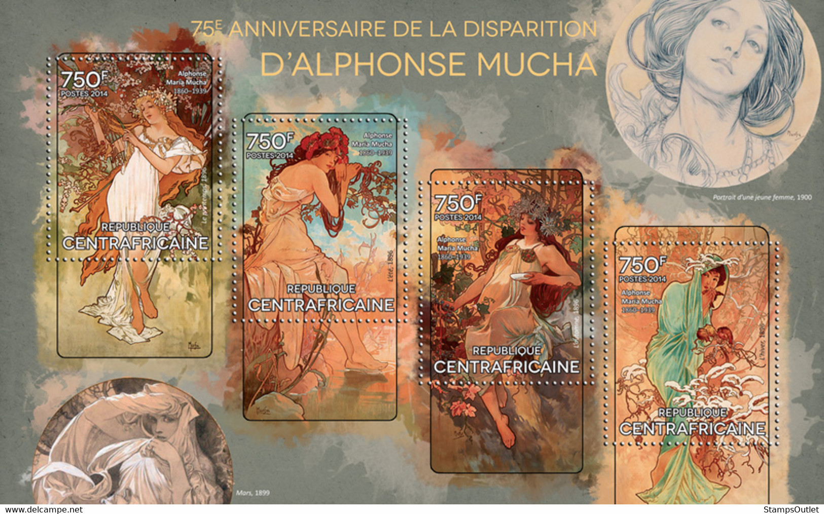 CENTRAL AFRICAN REP. 2014 MNH. ALPHONSE MUCHA  |  Yvert&Tellier Code: 3258-3261  |  Michel Code: 4765-4768 - Zentralafrik. Republik