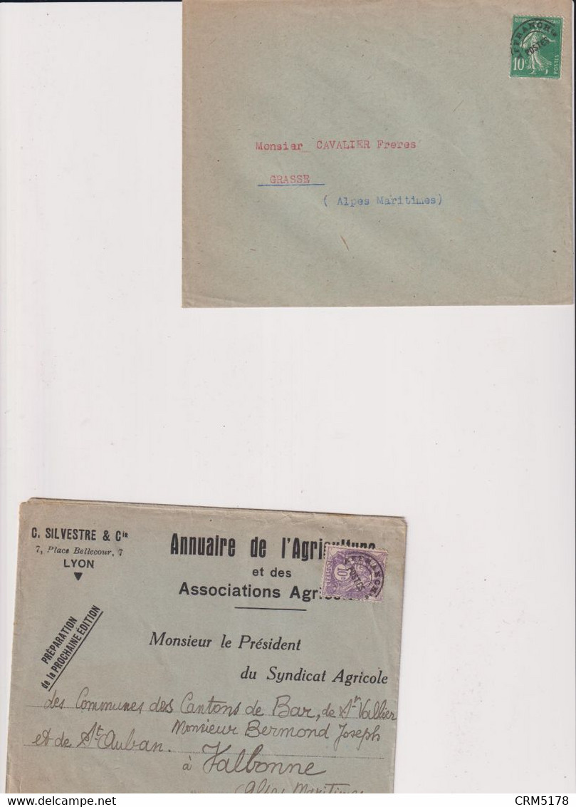 FRANCE-PREOBLITERES-LOT 2 LS. AVEC N° 43 ET 51-1922-EXP..ANNUAIRE DE L'AGRICULTURE...DEST. à VALBONNE Er GRASSE 06 - 1893-1947