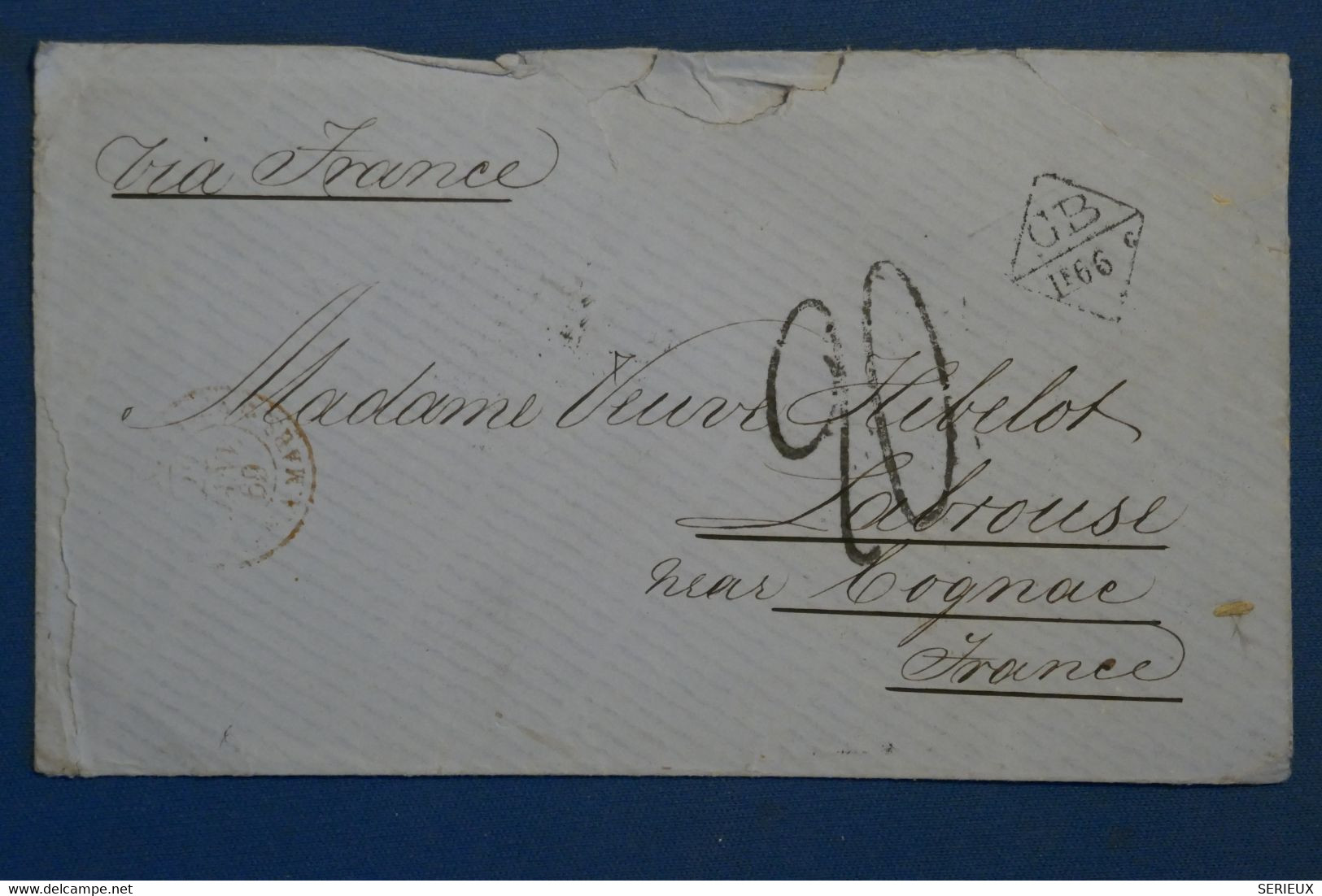 AK7 INDE   BELLE  LETTRE RARE   1869   BOMBAY POUR COGNAC FRANCE  ++TAXE MAN.+ +AFFRANCH. INTERESSANT - Andere & Zonder Classificatie