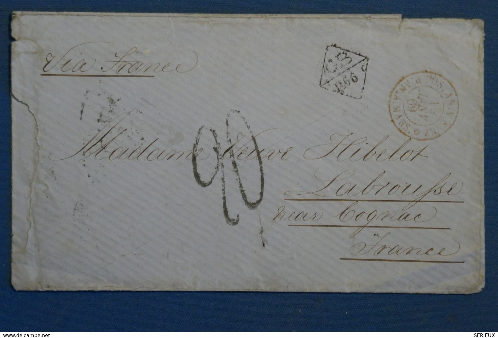 AK7 INDE   BELLE  LETTRE RARE   1869   BOMBAY POUR COGNAC FRANCE  ++TAXE MAN.+ +AFFRANCH. INTERESSANT - Andere & Zonder Classificatie