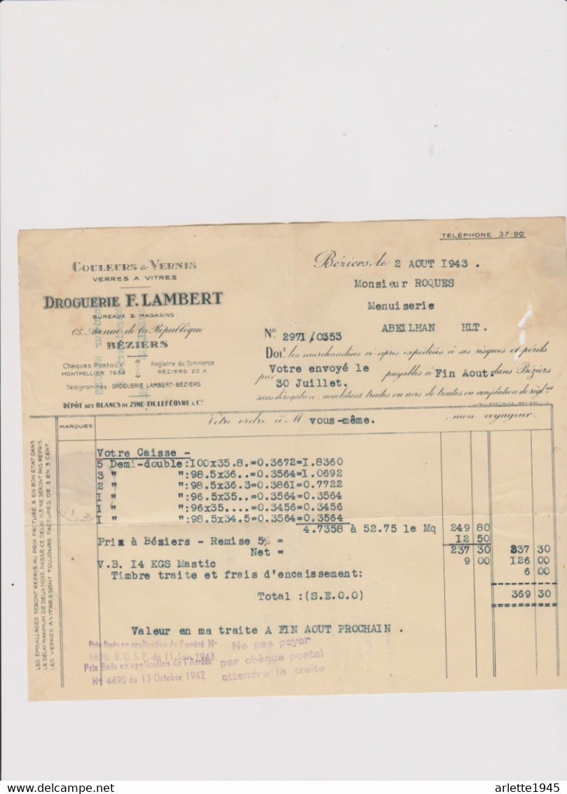 COULEURS & VERNIS VERRES A VITRES DROGUERIE F. LAMBERT à BEZIERS 1943 - Droguerie & Parfumerie