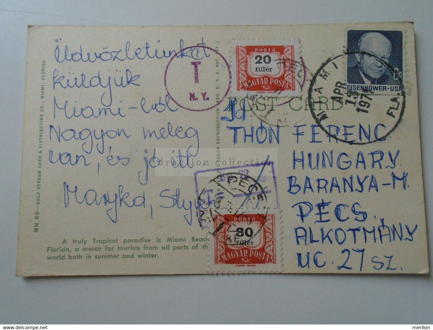 D187107  USA Miami Beach - Cancel Miami Florida  T.NY - Postage Due - Hungary  20+80 Fillér Porto Stamps  Pécs  1971 - Postage Due