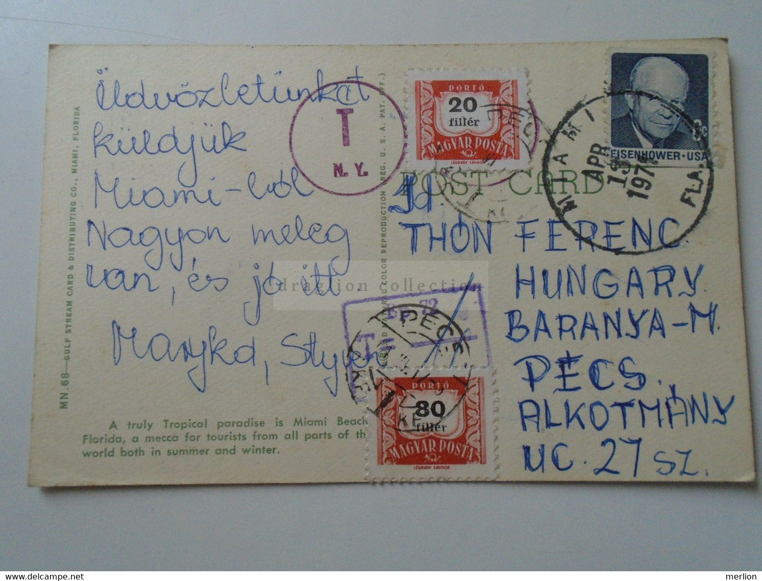 D187107  USA Miami Beach - Cancel Miami Florida  T.NY - Postage Due - Hungary  20+80 Fillér Porto Stamps  Pécs  1971 - Franqueo