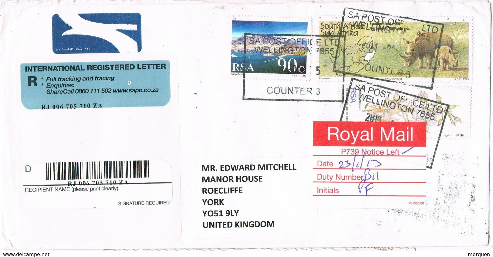 42919. Carta Certificada Aerea WELLINGTON (South Africa) RSA 2013  To England - Briefe U. Dokumente