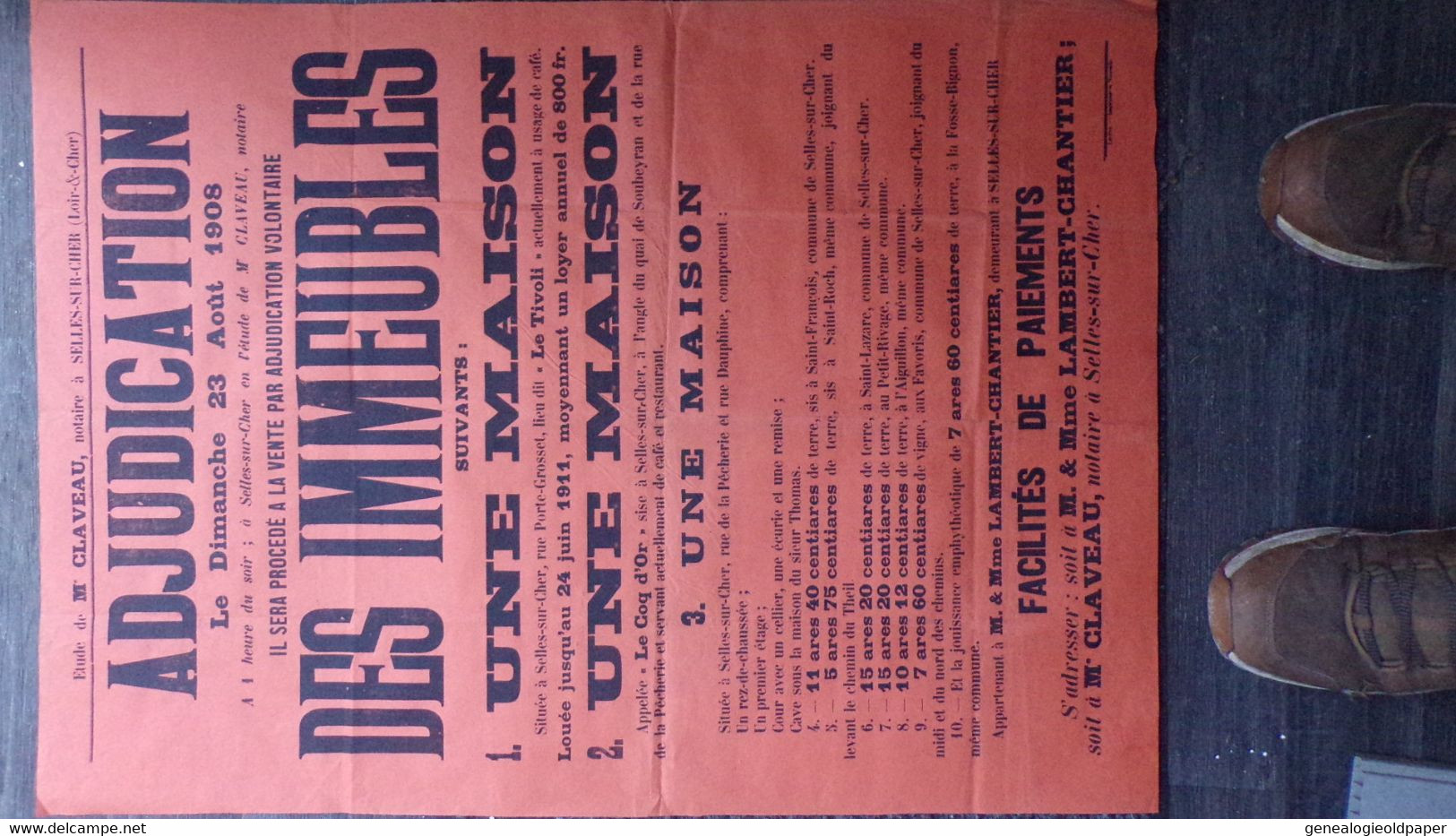 41-SELLES SUR CHER-RARE AFFICHE  ADJUDICATION 1908-CLAVEAU NOTAIRE-RUE PORTE GROSSET LE TIVOLI CAFE- COQ D'OR-SOUBEYRAN - Affiches