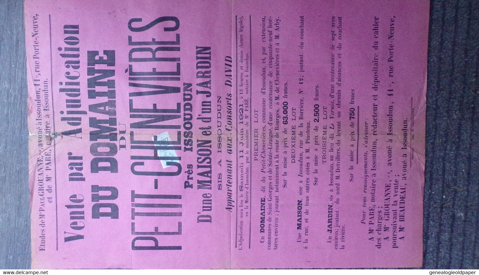 36-ISSOUDUN-RARE AFFICHE VENTE DOMAINE DU PETIT CHENEVIERES-1921-SAINT GEORGES LIZAIGNE-PARE NOTAIRE-GROUANNE-BEAUDEAU - Affiches