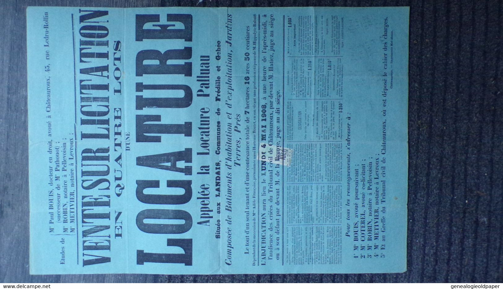 36-CHATEAUROUX-LOCATURE PALLUAU SITUEE AUX LANDAIS-FREDILLE ET GEHEE-RARE AFFICHE VENTE -1908-ADELE FRANCOISE-BOUTET - Plakate