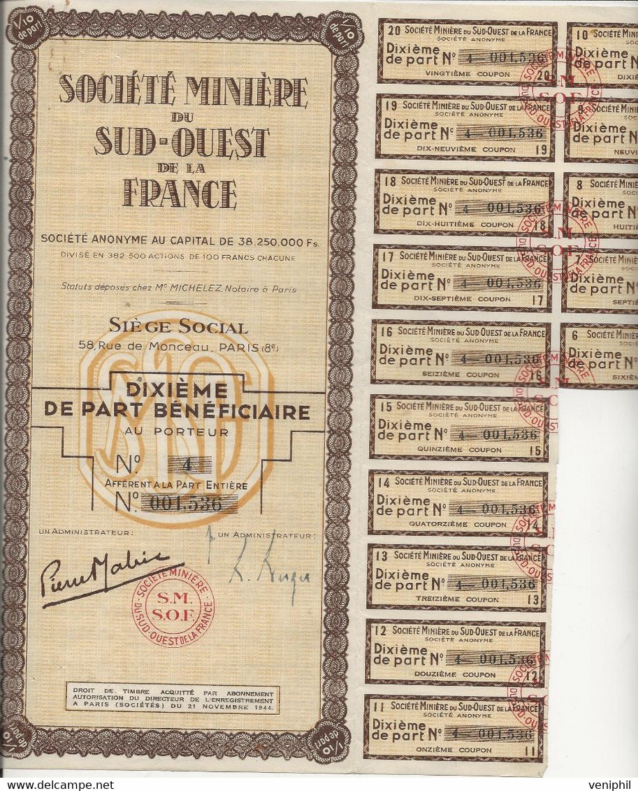 SOCIETE MINIERE DU SUD- OUEST DE LA FRANCE-LOT DE 5 ACTIONS DIXIEME DE PART - ANNEE 1944 - Mines