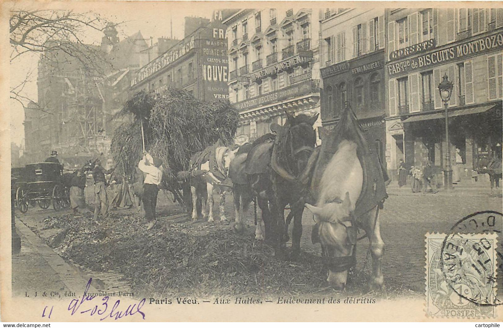 75 - PARIS VECU - Aux Halles - Enlèvement Des Détritus - Attelage De Chevaux 1903 - Lots, Séries, Collections