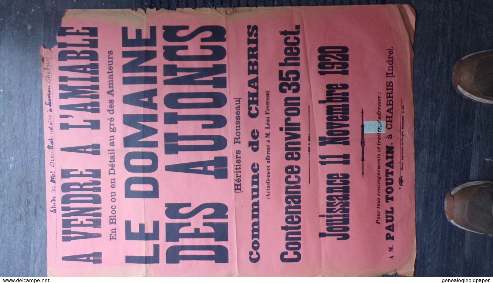 36-CHABRIS-RARE AFFICHE VENDRE DOMAINE DES AUJONCS-ROUSSEAU-1920-PAUL TOUTAIN -IMPRIMERIE DU PROGRES TOURS - Posters