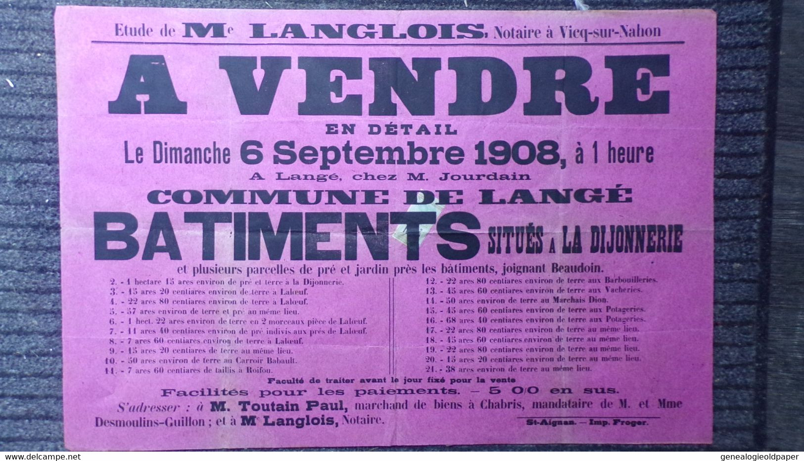 36-VICQ SUR NAHON-RARE AFFICHE VENDRE 1908-A LANGE CHEZ M. JOURDAIN-LA DIJONNERIE-BEAUDOIN-TOUTAIN -DESMOULINS GUILLON - Plakate