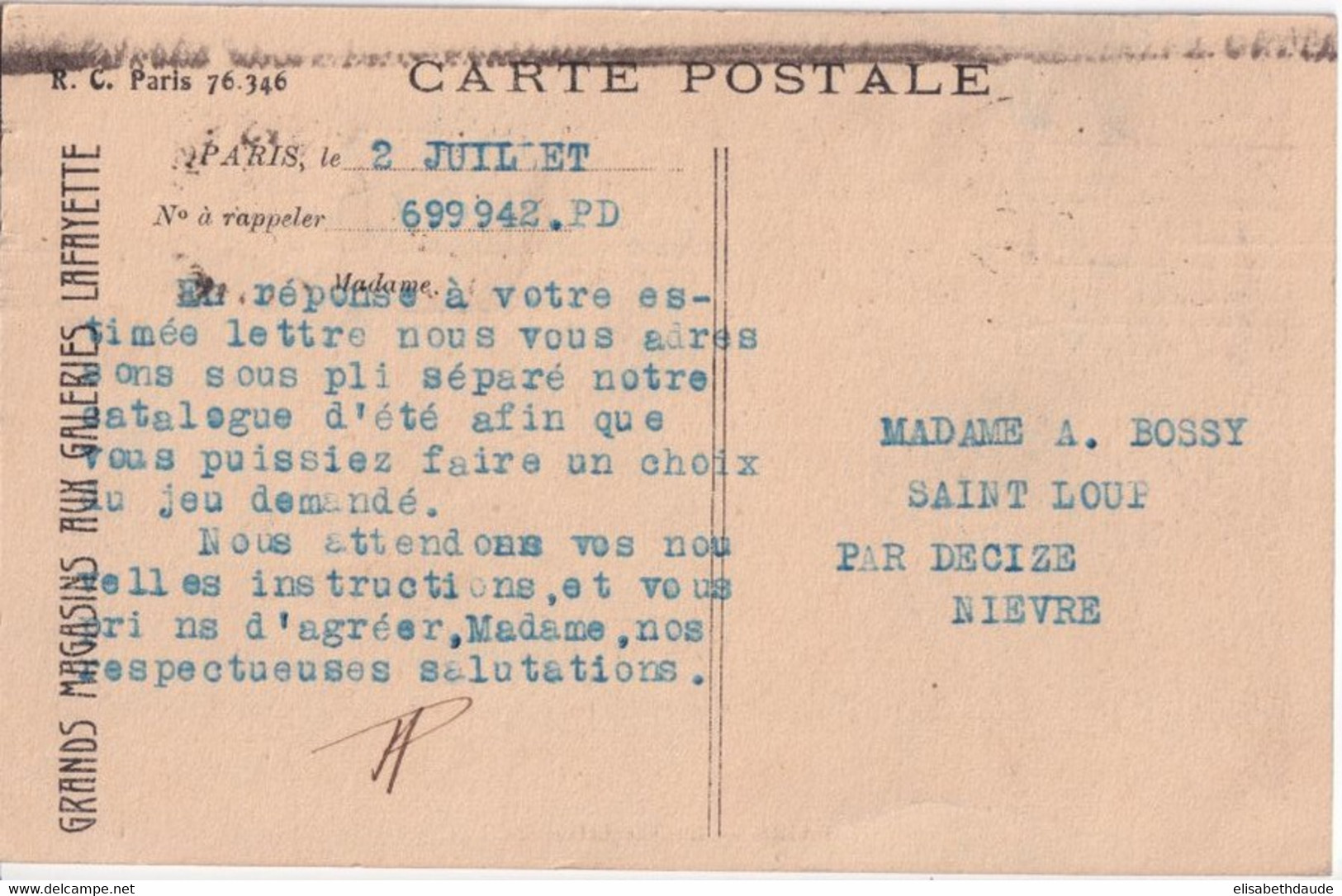 1931 - PERFORE / PERFIN ! - PASTEUR Sur CARTE Des GALERIES LAFAYETTE => SAINT LOUP (NIEVRE) - Autres & Non Classés