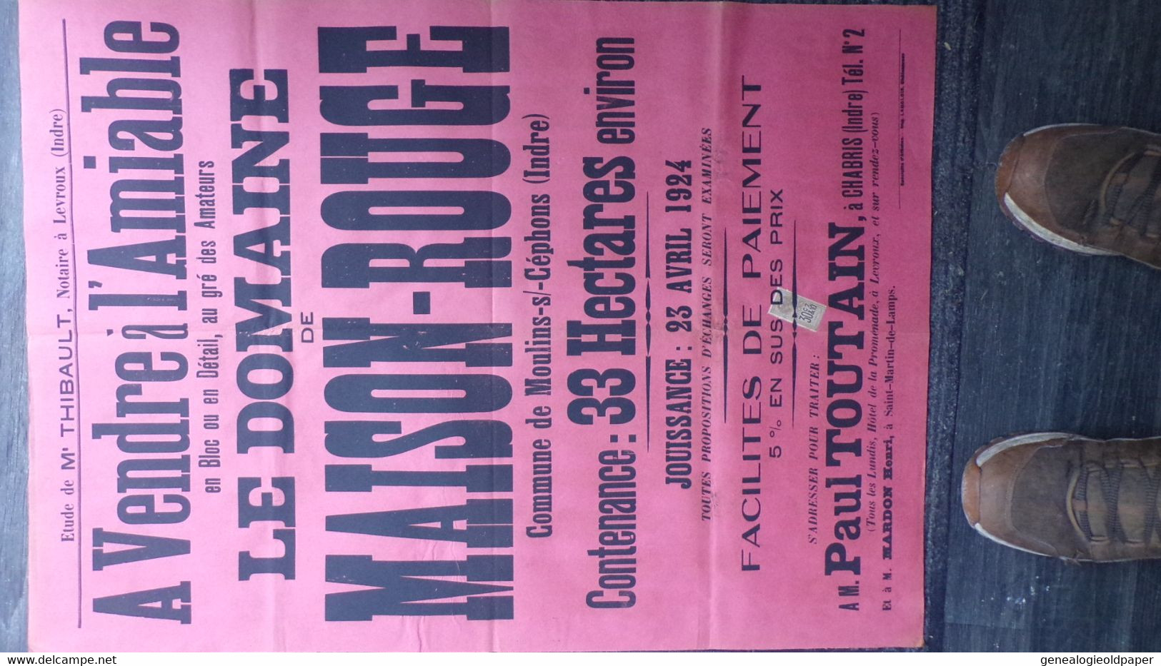 36-LEVROUX--RARE AFFICHE VENTE DOMAINE DE MAISON ROUGE-MOULINS SUR CEPHONS-M. THIBAULT NOTAIRE-1924-TOUTAIN CHABRIS - Posters