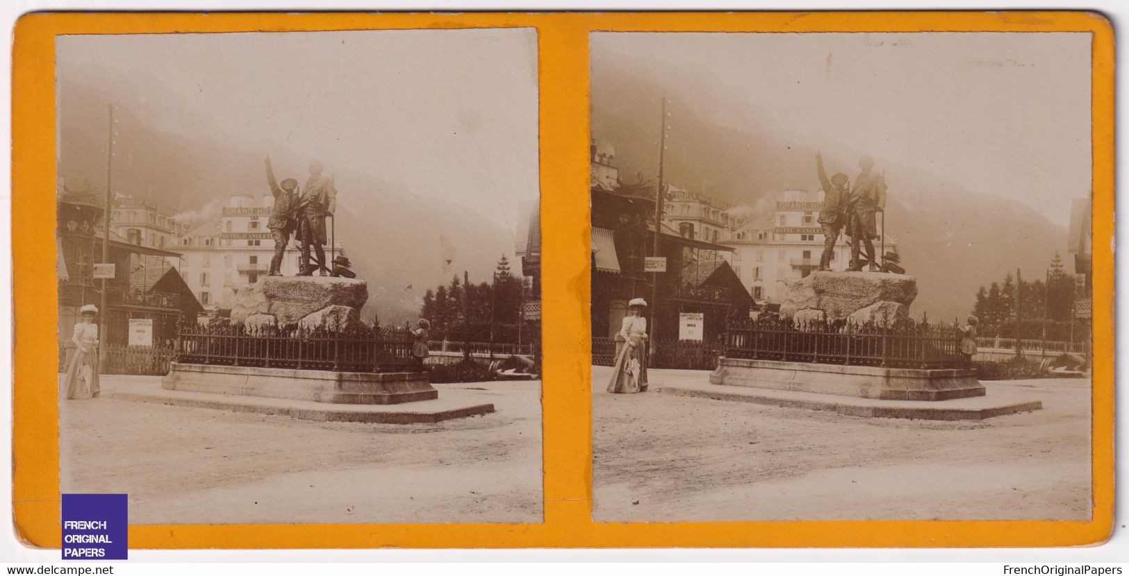 Chamonix Mont-Blanc Monument Saussure Photo Stéréoscopique 1900s Grand Hôtel D'Angleterre Moderne Victoria C5-35 - Stereoscopic