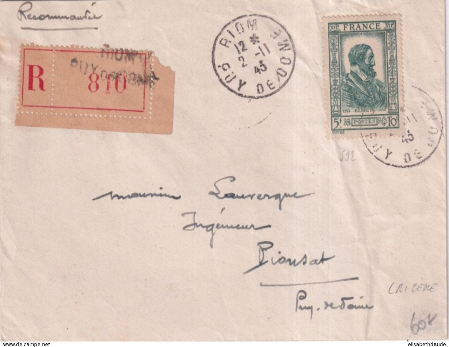 1943 - YVERT 592 RARE SEUL SUR LETTRE RECOMMANDEE De RIOM (PUY DE DOME) - Lettres & Documents