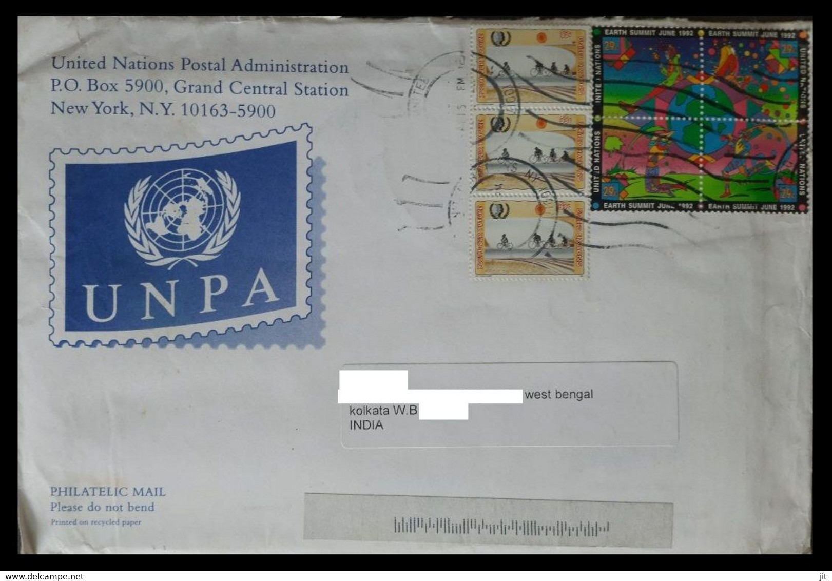 165.UNITED NATIONS USED AIRMAIL COVER TO INDIA WITH STAMPS CYCLING, EARTH SUMMIT. - Briefe U. Dokumente