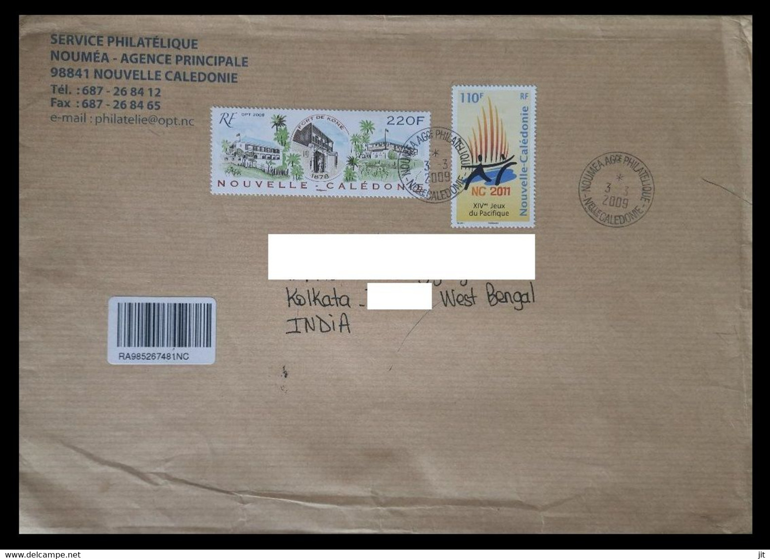 165.NEW CALEDONIA 2009 USED REGISTERED AIRMAIL COVER TO INDIA WITH (02) STAMPS . - Postal Stationery