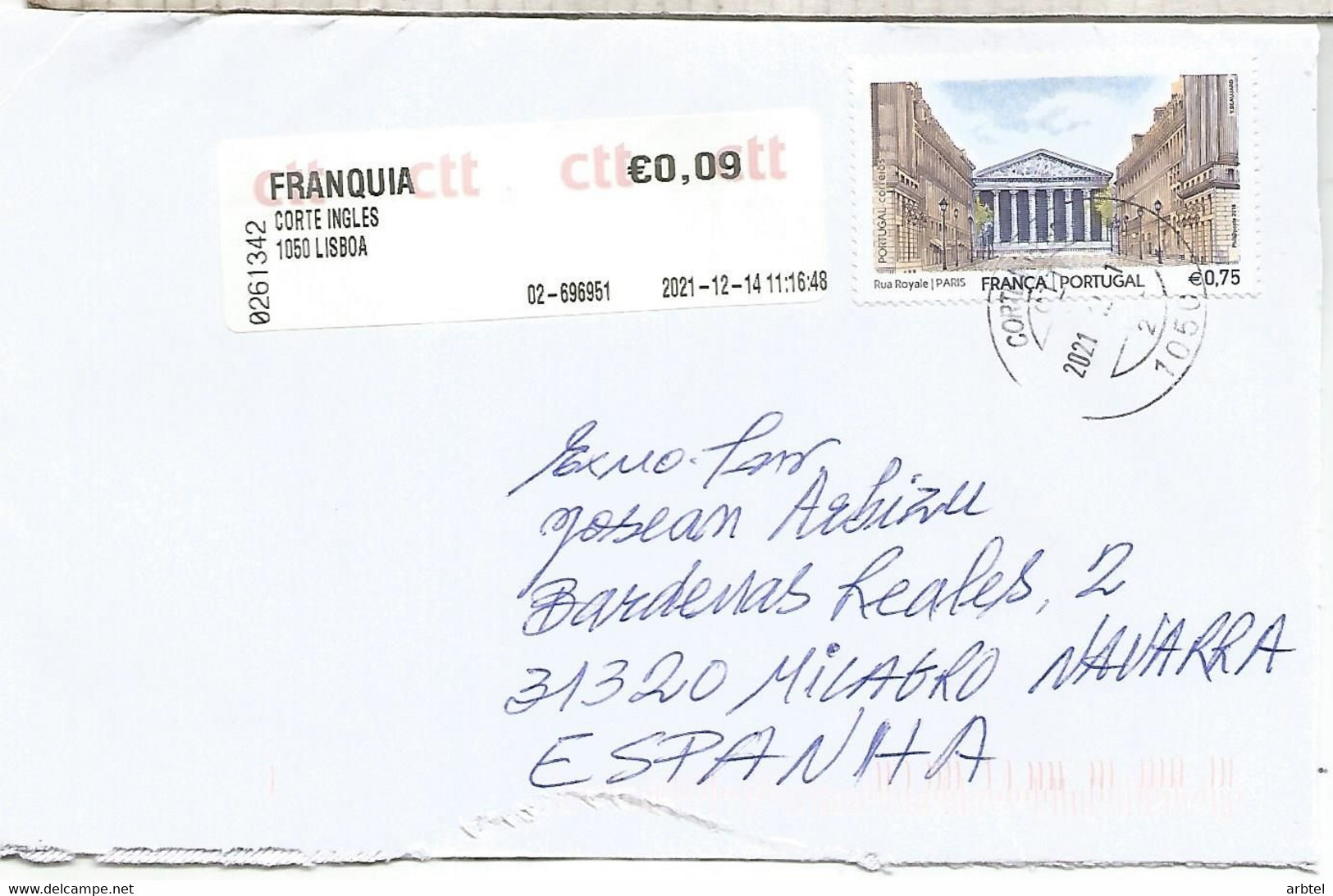 PORTUGAL CC SELLO EMISION CONJUNTA FRANCIA RUA ROYALE PARIS Y ATM EL CORTE INGLES - Storia Postale