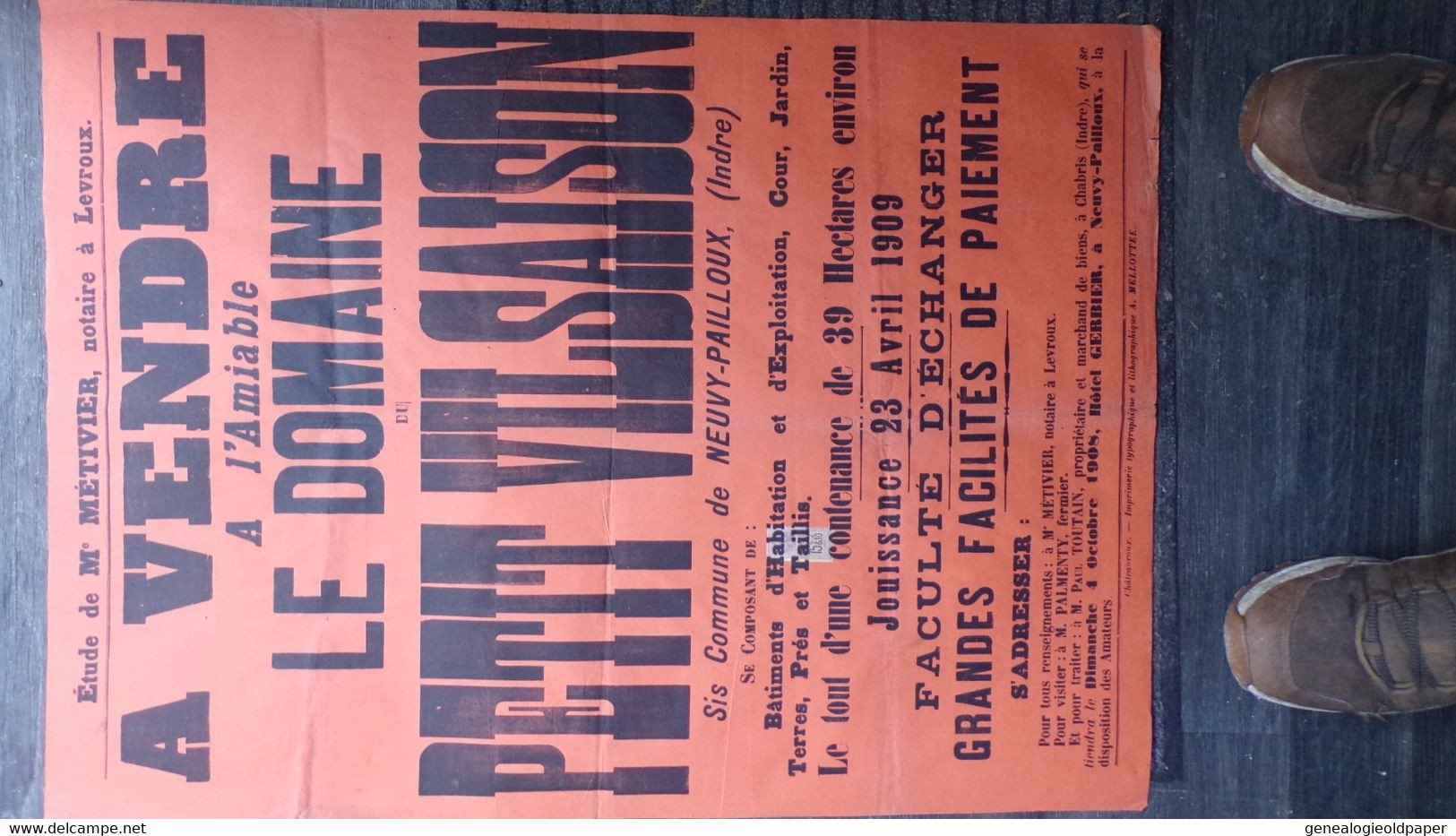 36-LEVROUX--RARE AFFICHE VENTE DOMAINE DU PETIT VILSAISON-NEUVY PAILLOUX-METIVIER NOTAIRE-1909-CHABRIS-HOTEL GERBIER - Posters