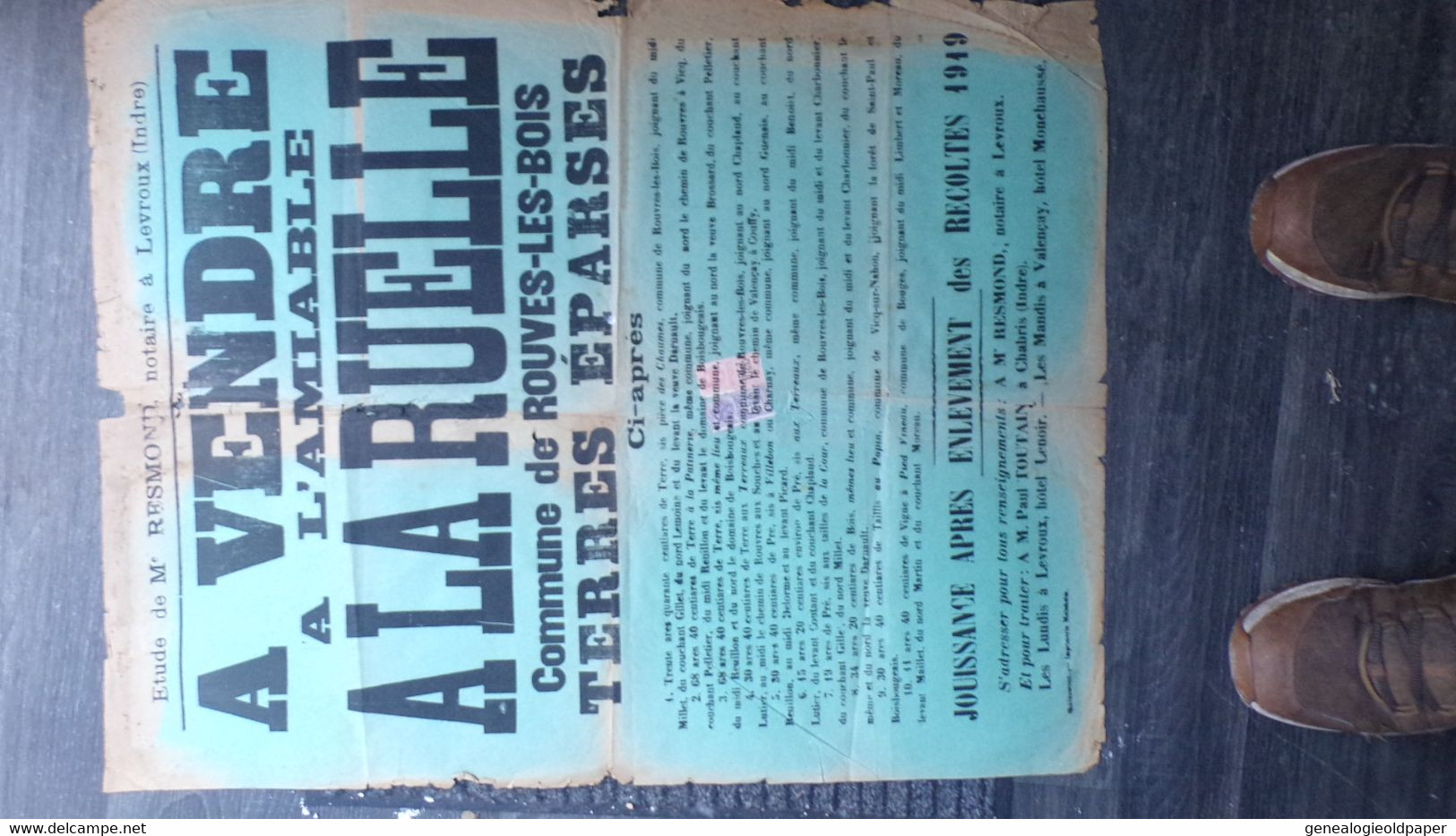 36-LEVROUX-RARE AFFICHE VENTE ROUVES LES BOIS -LA RUELLE TERRES EPARSES-1919-RESMOND NOTAIRE-CHABRIS-VALENCAY-HOTEL LEN - Posters
