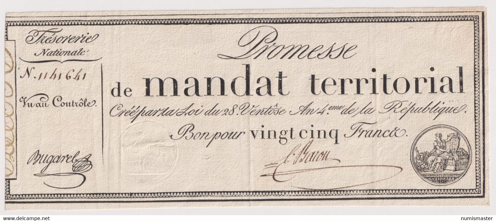 FRANCE PROMESE DE MANDAT TERITORIAL 25 FRANCS 1796 - ...-1889 Tijdens De XIXde In Omloop