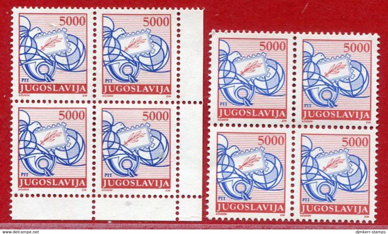 YUGOSLAVIA 1989 Postal Services Definitive 5000 D. Both Perforations Blocks Of 4 MNH / **.  Michel 2327A,C6 - Nuovi