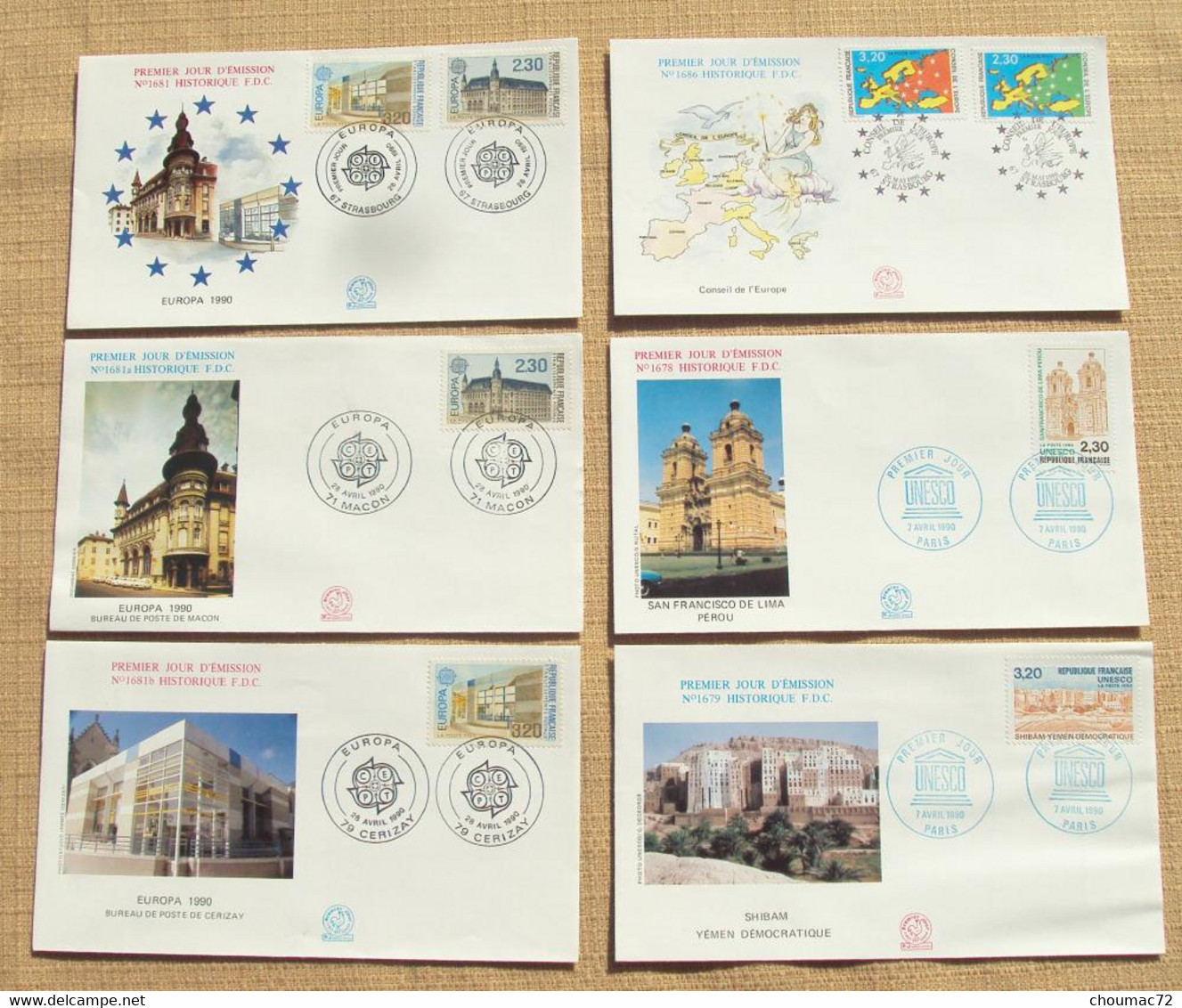 025, France 1990 - FDC Enveloppe 1er Jour - 6 Enveloppes Europa, UNESCO, Conseil De L'Europe - 1990-1999