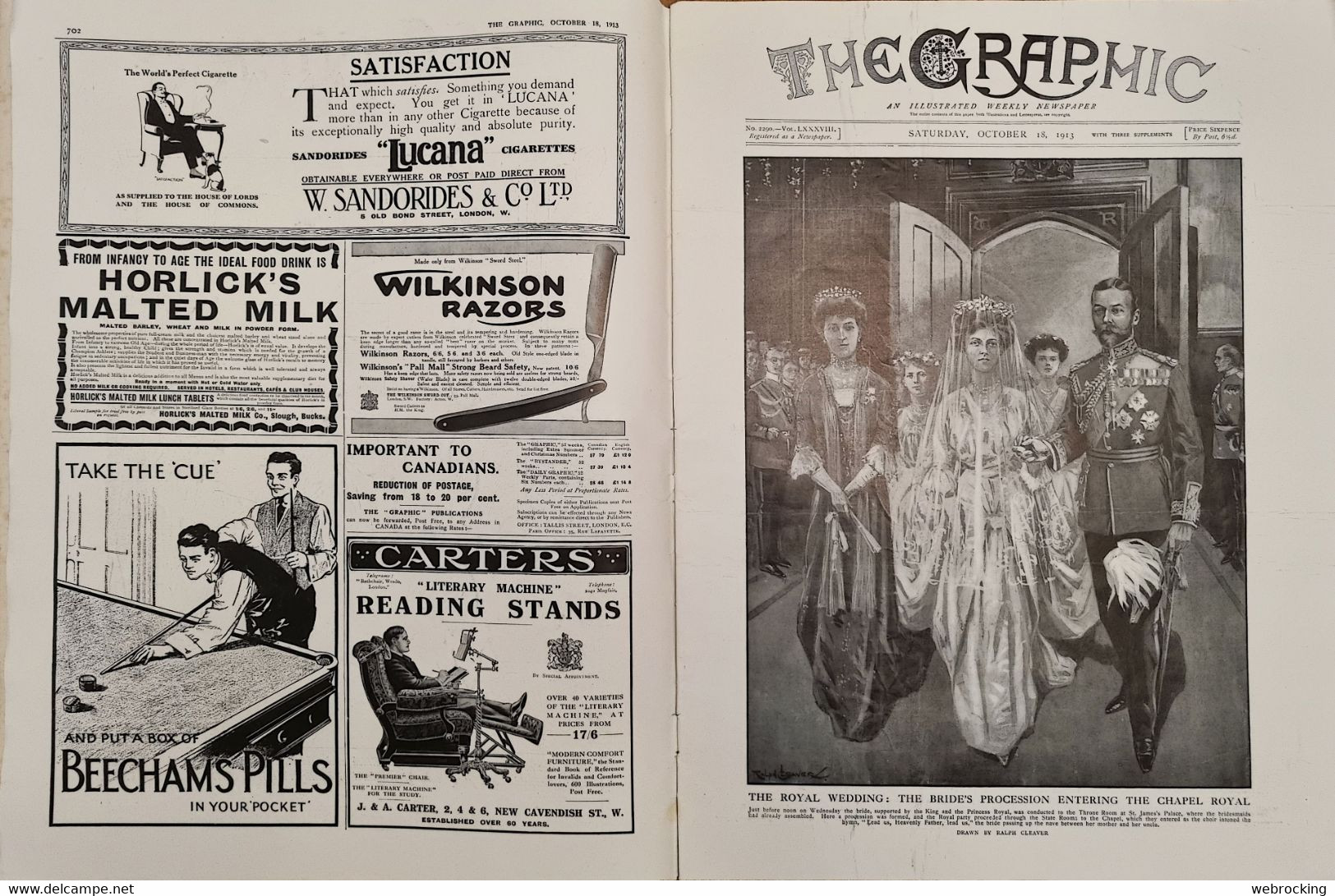 Complete Vintage Magazine - The Graphic - October 18, 1913 - The Royal Wedding - Prince Arthur Of Connaught - Europa