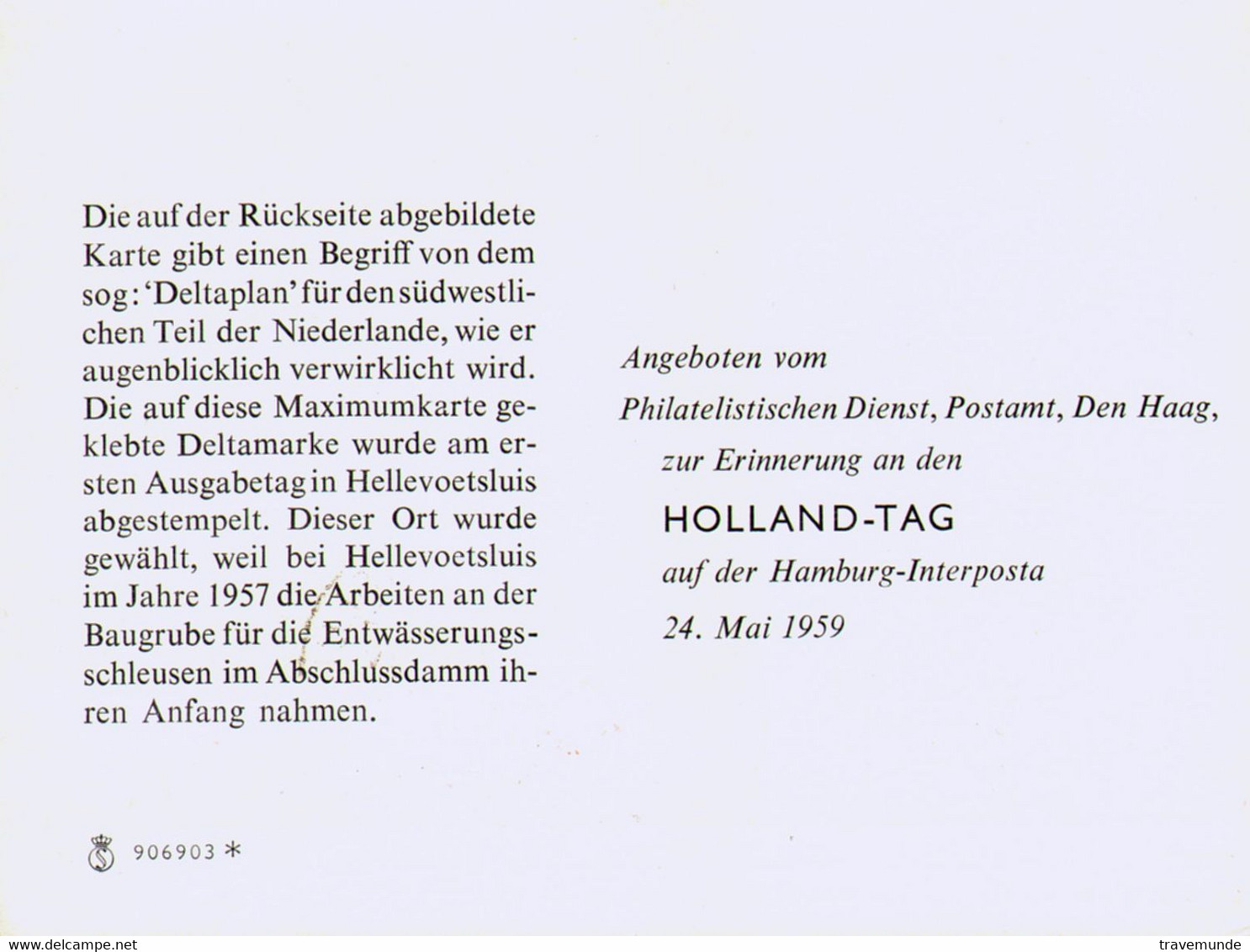 Sonderkarte Des Philatelistischen Dienstes Den Haag Zur Erinnerung An Den Hollandtag Auf Der INTERPOSTA 1959 Hamburg. - Postal History