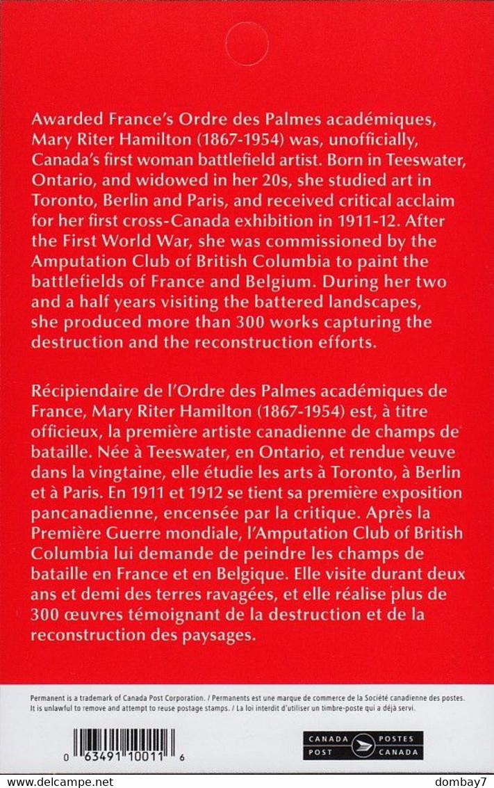 Qc.b CANADIAN ART: MARY RITER HAMILTON = WW1, WWI = Booklet Page Of 4 With Description MNH Canada 2020 - Pages De Carnets