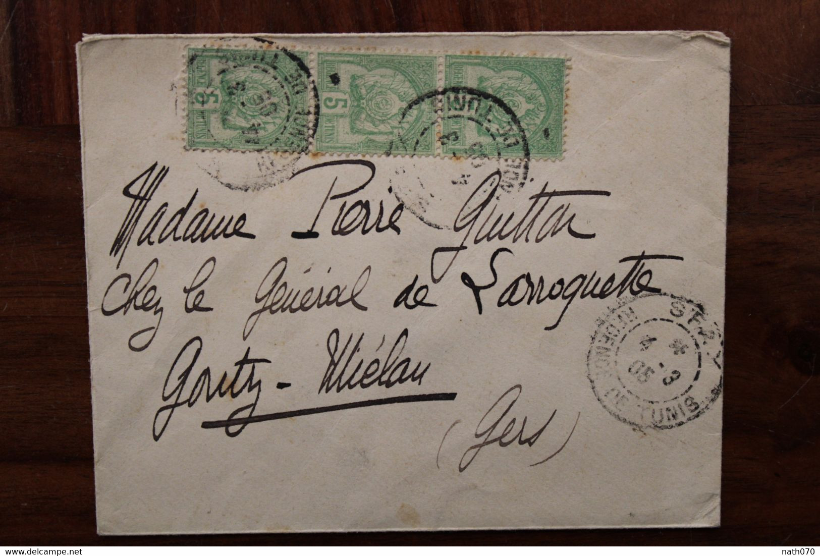 France 1905 SFAX Régence De Tunis Mielan Gers General Larroquette Tunisie Cover Colonie Bande Triple - Briefe U. Dokumente