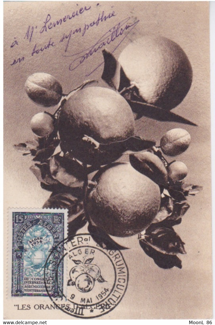 FDC - CARTE POSTALE 1 ER JOUR  - LES ORANGES - CACHET ALGER 9 MAI 1954 - 3° CONGRES INTERNATIONAL AGRUMICULTURE - FDC