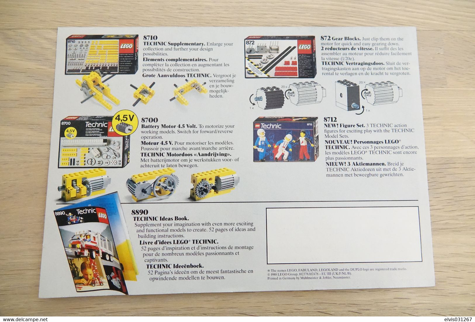 LEGO - CATALOG 1988 Technic Medium European (102378/102478-EU III (UK/F/NL/B)) - Original Lego 1988 - Vintage - - Catalogues