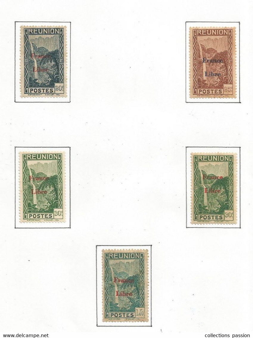 TIMBRE , Neuf , Sur Charnière, REUNION, Surcharge France Libre, LOT DE 5 TIMBRES, 2 Scans, Frais Fr 1.65 E - Neufs