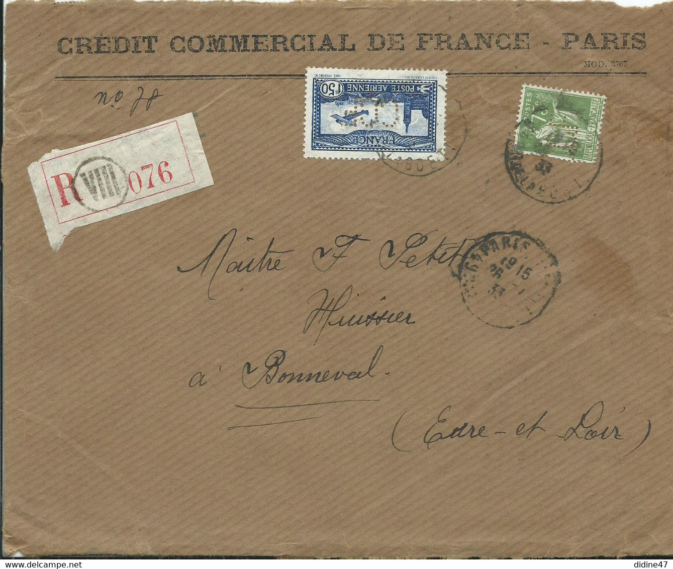 FRANCE- Timbre Perforé C.C.F... - CREDIT COMMERCIAL DE FRANCE  Sur Devant D'enveloppe - Autres & Non Classés
