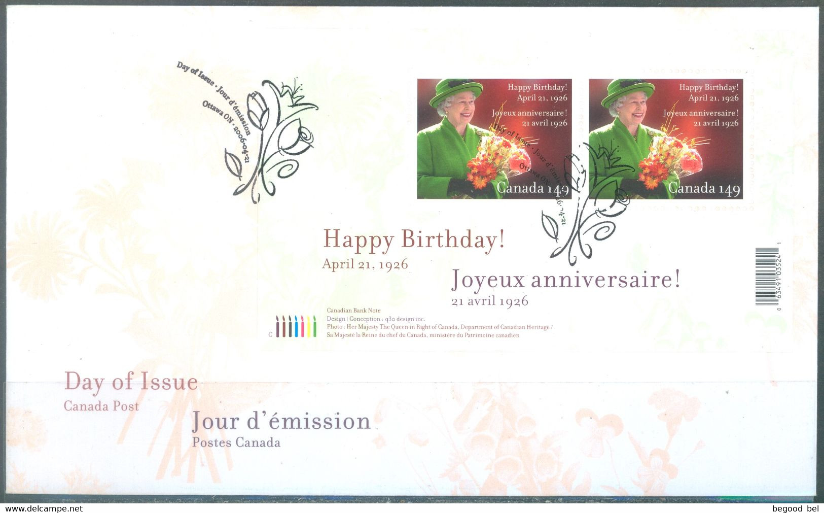 CANADA - FDC - 21.4.2006 - HAPPY BIRTHDAY 80 YEARS ELIZABETH II - Yv 2212 BLOC 83 - Lot 24355 - 2001-2010