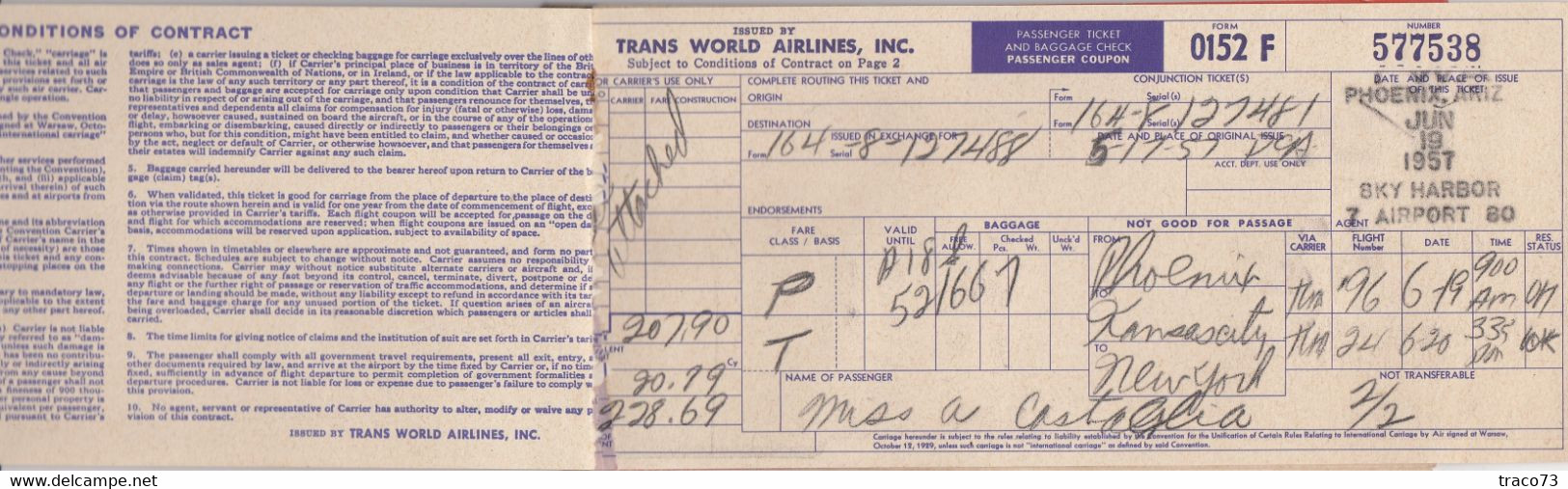 TRANS WORLD AIRLINES  - TWA  /  BIGLIETTO COMPLETO DI CUSTODIA _ PASSENGER TICKET AND BAGGAGE CHECK _ 1957 - Wereld