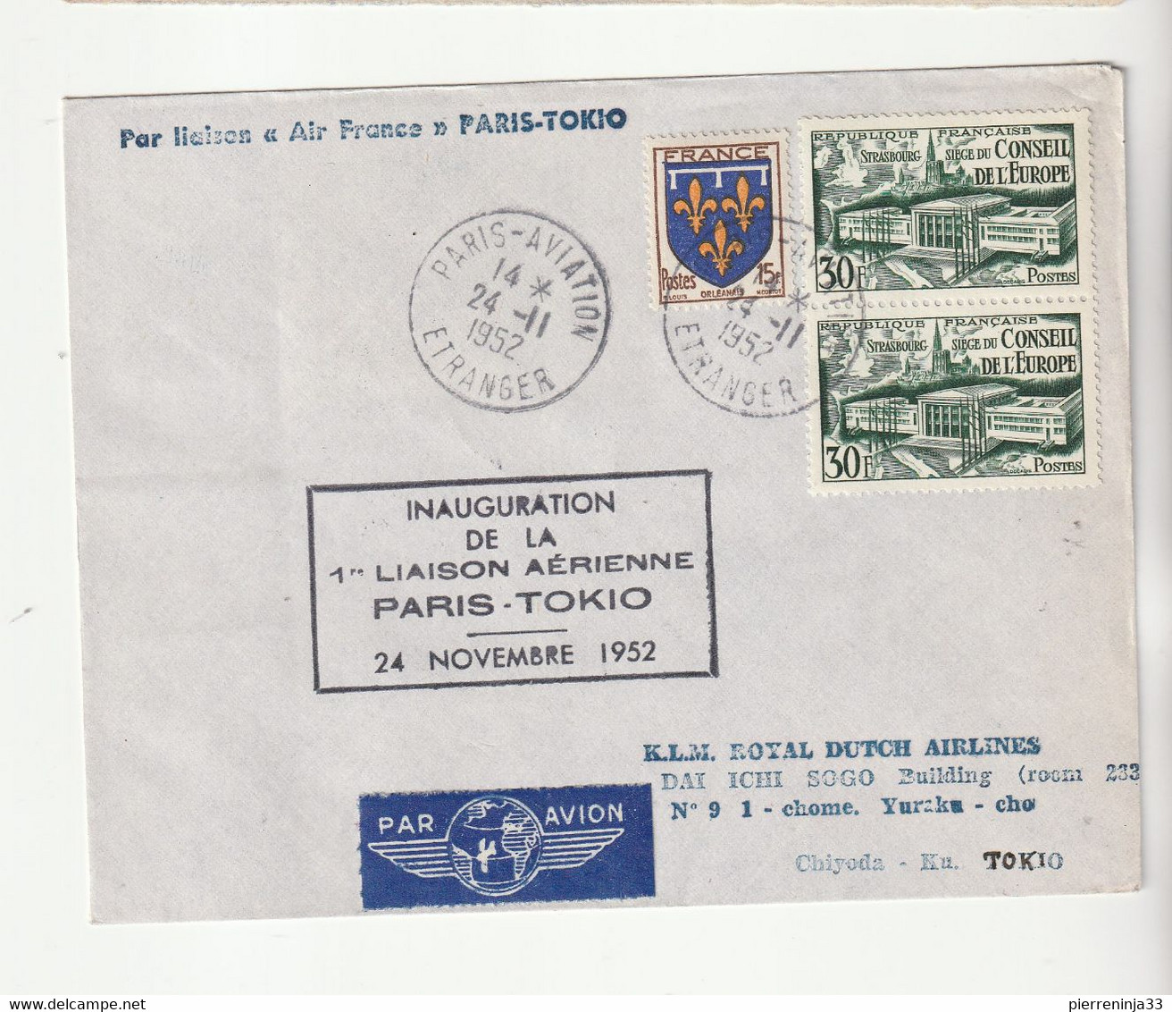 Lettre Conseil De L'Europe, "1ère Liaison Aérienne Paris-Tokio" 1952 - Briefe U. Dokumente