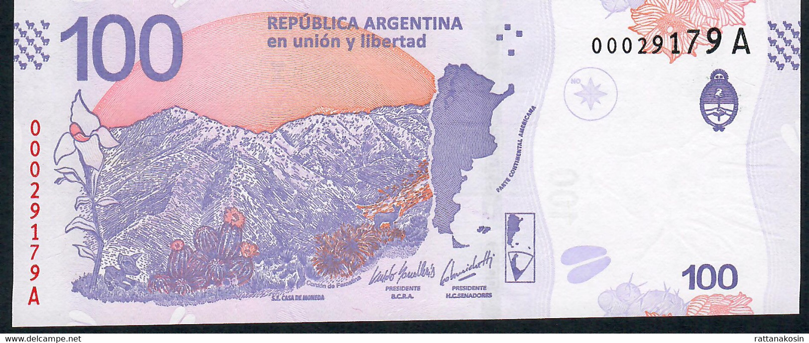 ARGENTINA  LOW # NLP 100 Pesos 2018 Série A Signature 90 Sandleris/Michetti # 00029179A   UNC. - Argentine