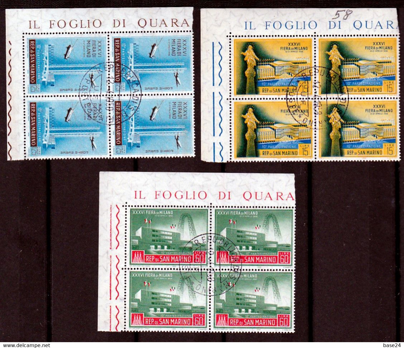 1958 San Marino Saint Marin FIERA DI MILANO 4 Serie Di 3v. Quartina Usata Con Gomma USED With Gum - Usati