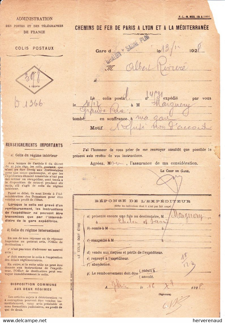 Taxe 37 Et Semeuse 199  Sur Avis De Colis Postal De Chalon-sur-Saône à Thiers (1928) + Obl. Daguin - 1859-1959 Covers & Documents